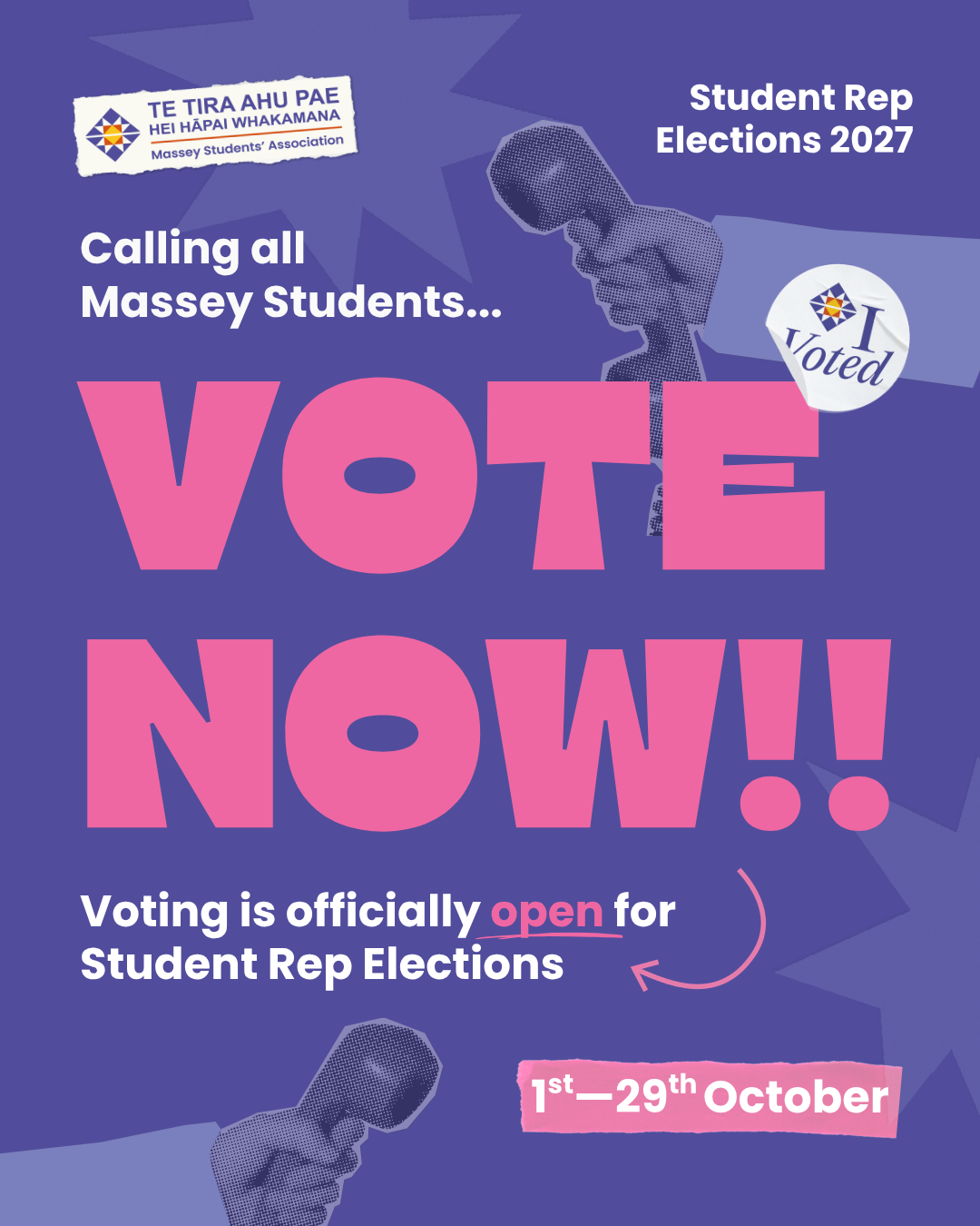 Te Tira Ahu Pae poster urging Massey students to vote in the 2027 Student Rep Elections. Voting opens 1–29 October, with bold pink “VOTE NOW” text on a purple background.
